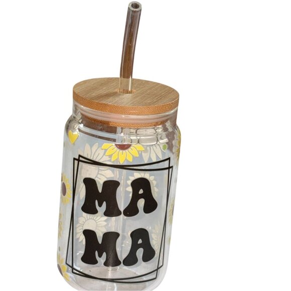 16 Oz Iced Coffee/Iced Drink Glass With Lid & Glass Straw-Sunflower Mama - Picture 1 of 5